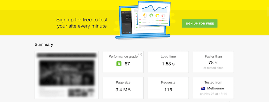 WP Runner client example speed test with Pingdom (1.5 seconds)