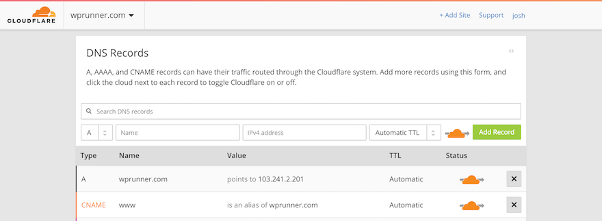 Cloudflare DNS settings page example