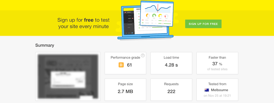 WP Runner client example unoptimised speed test with pingdom (4.3 seconds)