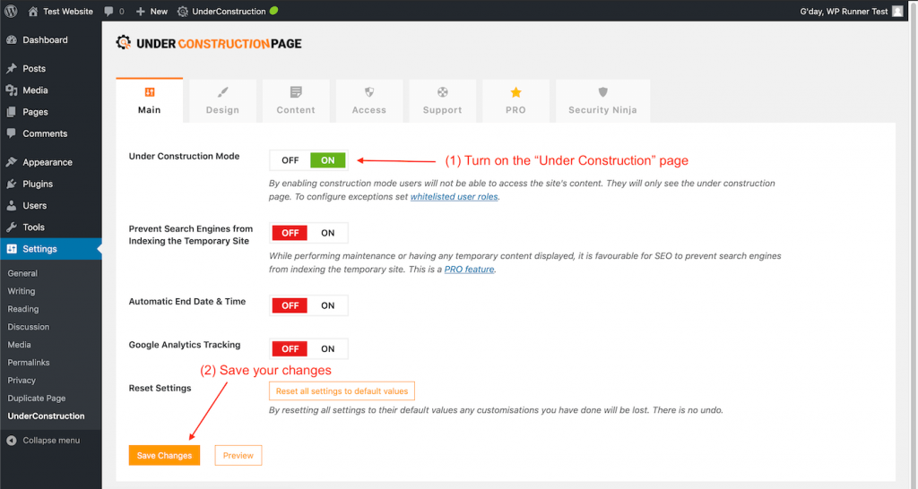 WordPress coming soon and under construction page activation